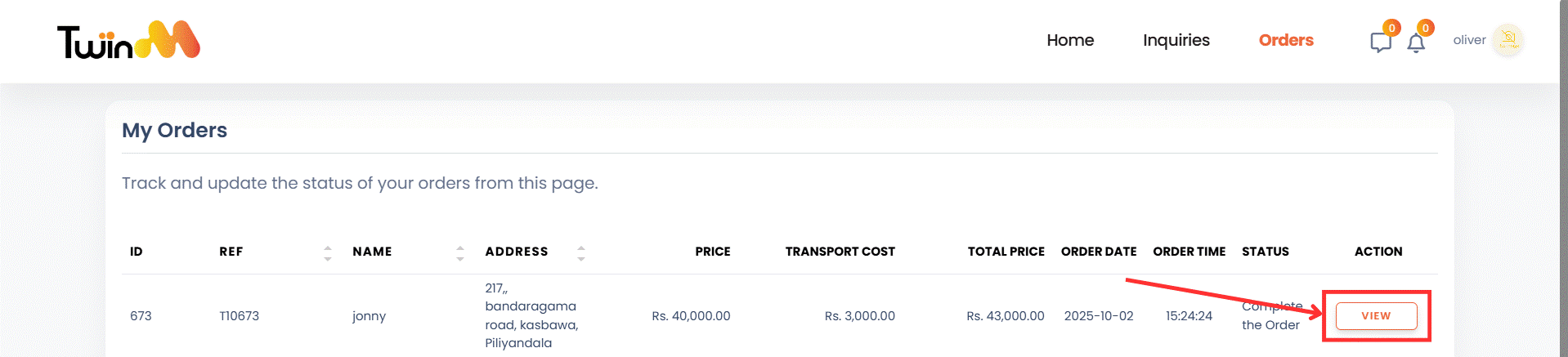 web customer order