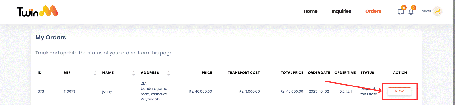 web customer order