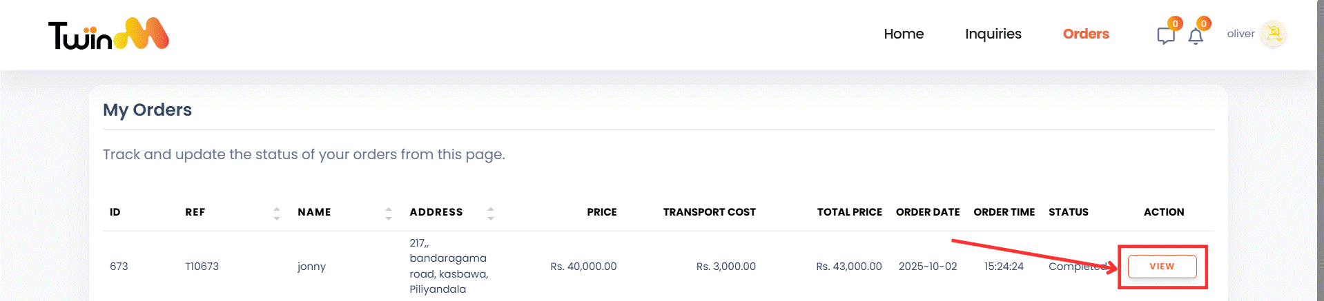web customer order